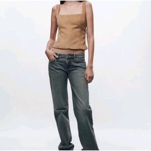 Zara Top Womans XL Brown Minimalist Wool Blend Side Zip Square Neck Simple Basic